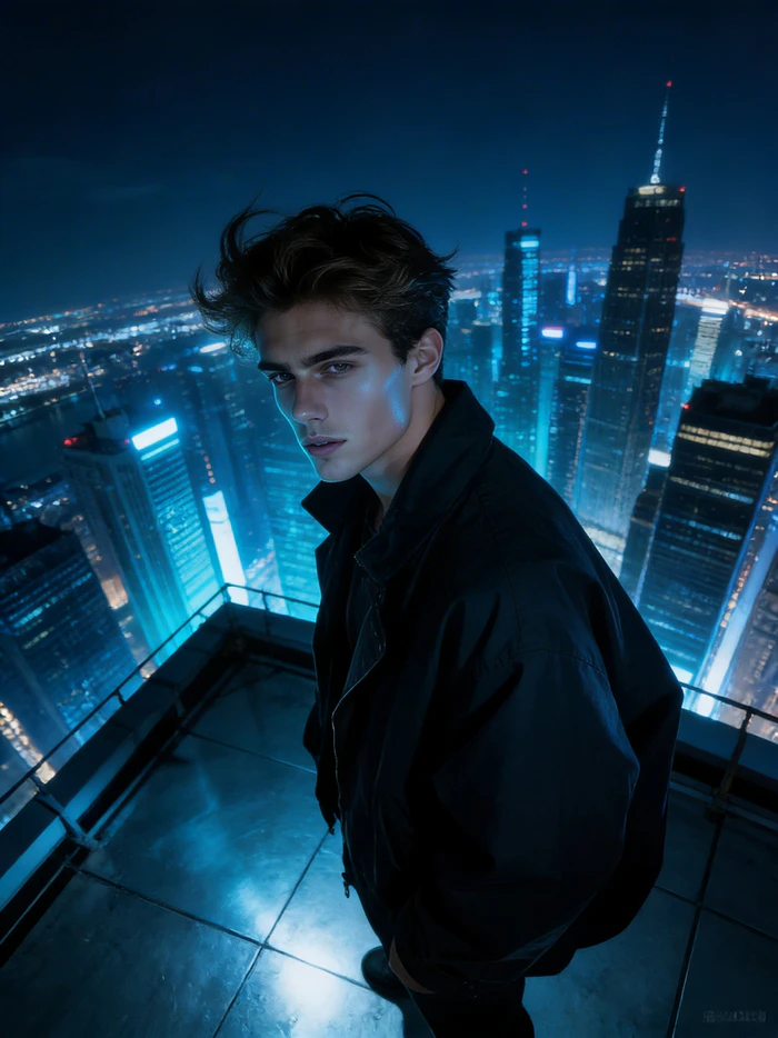 gemini boy in rooftop night view