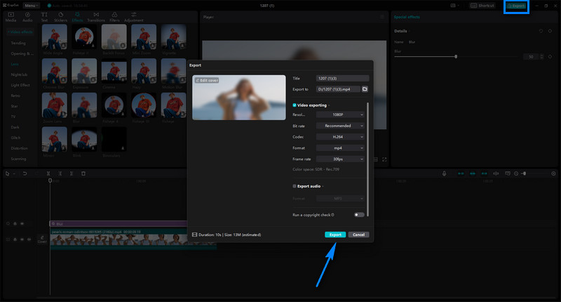 export blur video in capcut